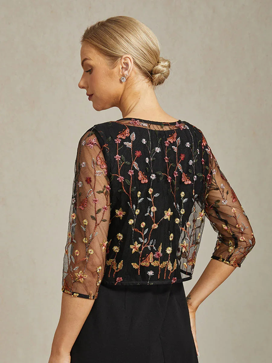 Floral Embroidered Lace Jacket with Rhinestone Clasp