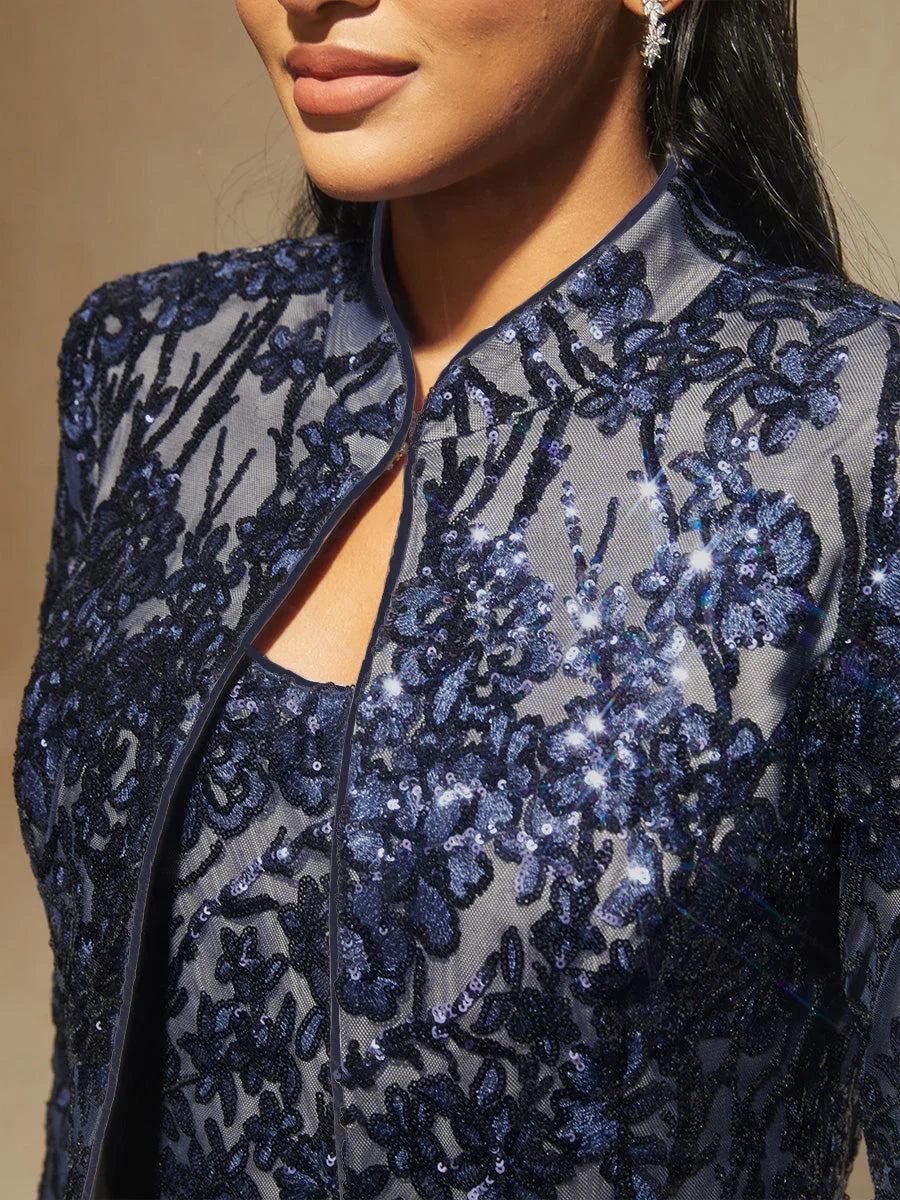 Floral Mandarin Collar Sequin Twinset