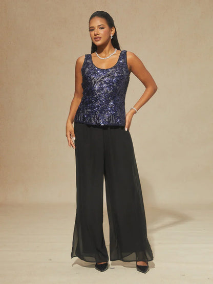 Floral Mandarin Collar Sequin Twinset