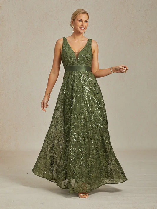 Floral Sequin Embroidered V-Neck Maxi Dress with Low Back
