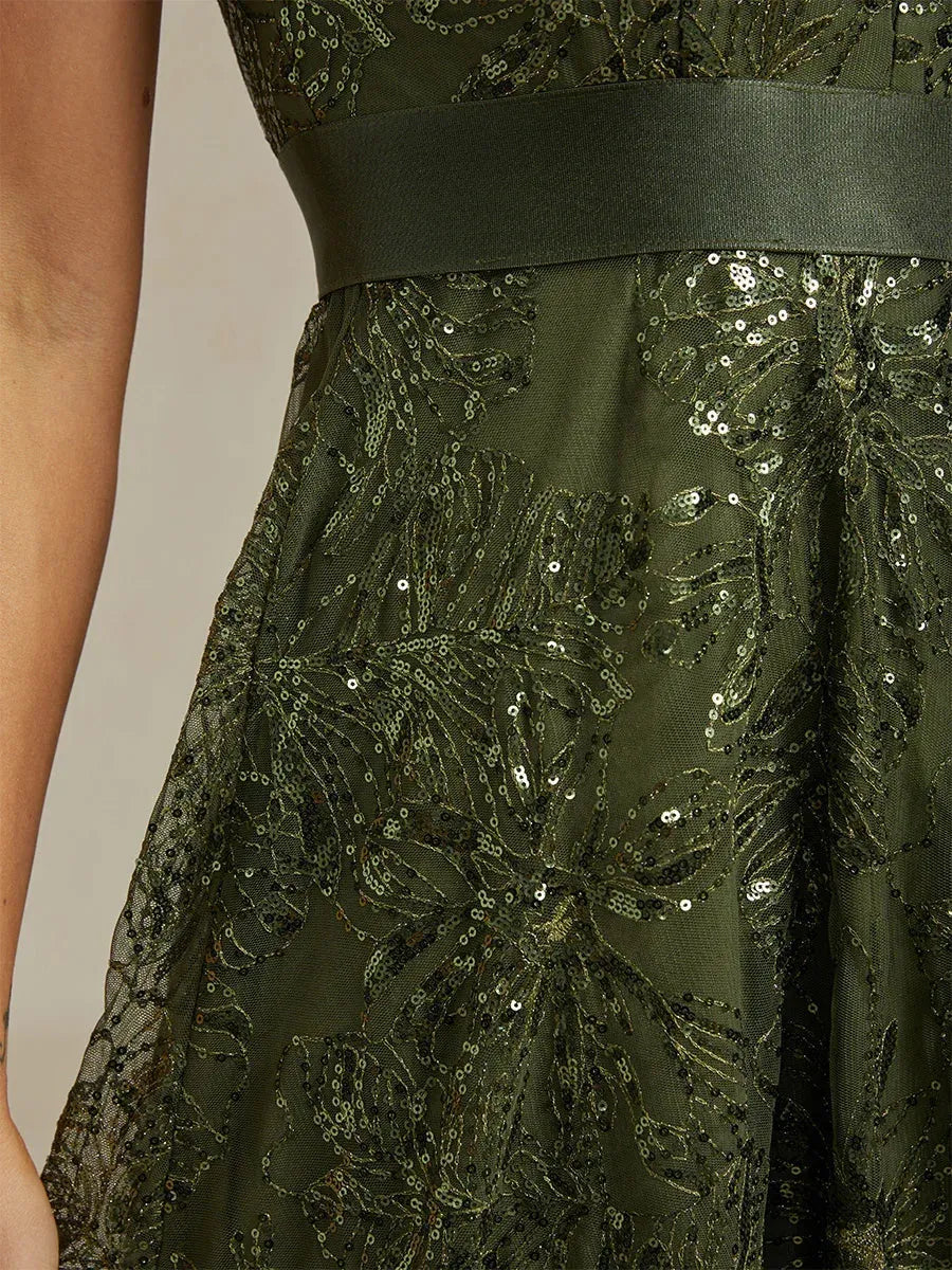 Floral Sequin Embroidered V-Neck Maxi Dress with Low Back