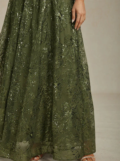 Floral Sequin Embroidered V-Neck Maxi Dress with Low Back