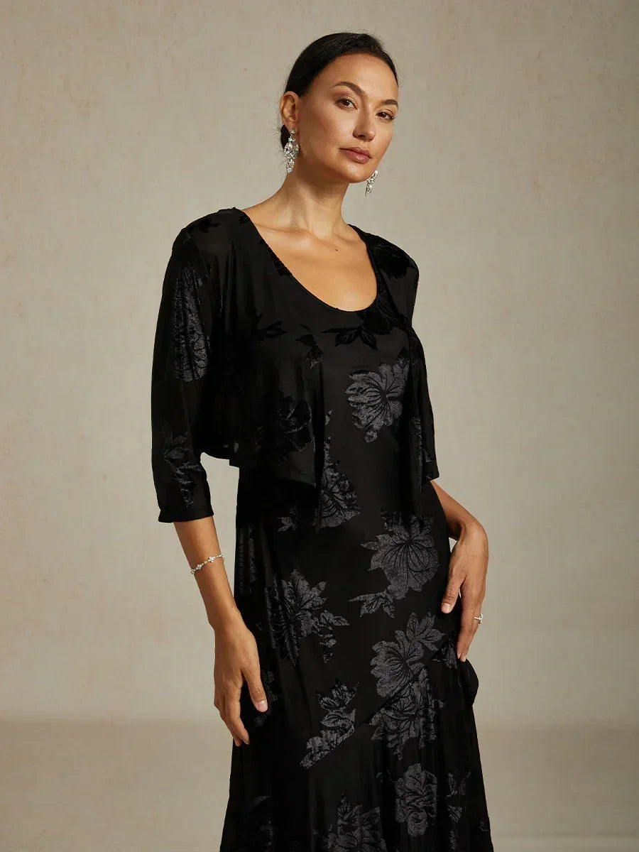 Floral Stretch Velvet 3/4 Sleeve Shrug