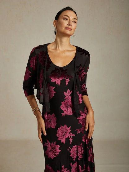 Floral Stretch Velvet 3/4 Sleeve Shrug