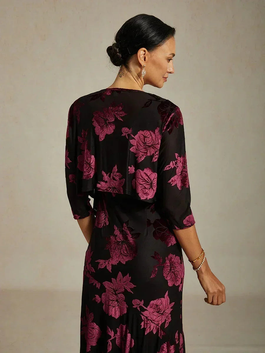 Bolero aus Stretch-Samt mit Blumenmuster und 3/4-Ärmeln