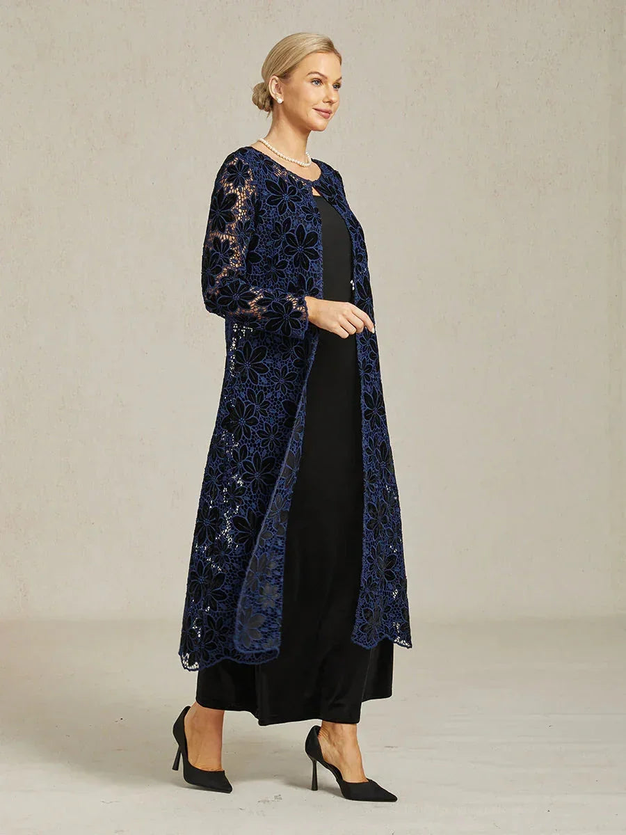Floral Embroidered Velvet Long Jacket with Scallop Detail