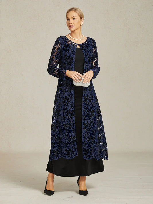 Floral Embroidered Velvet Long Jacket with Scallop Detail