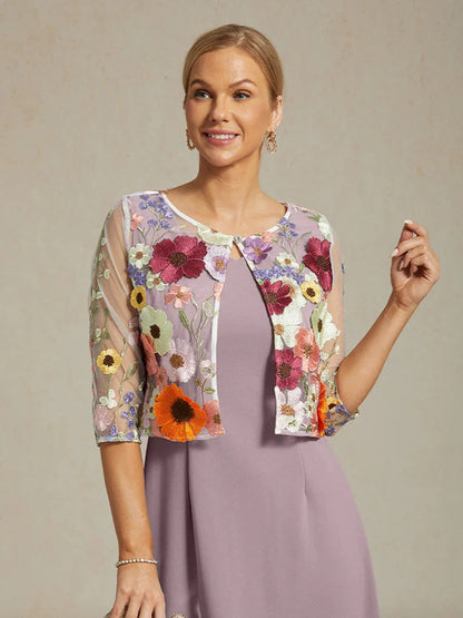 Graceful Mesh Lace Jacket with 3D Floral Embroidery