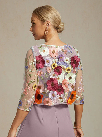 Graceful Mesh Lace Jacket with 3D Floral Embroidery