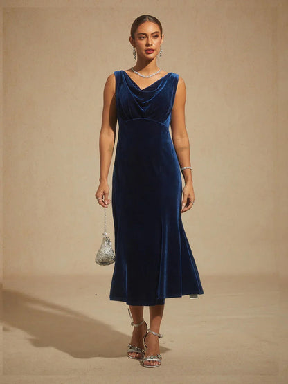 High-Stretch Velvet Sleeveless Midi Dress with Scoop Neck