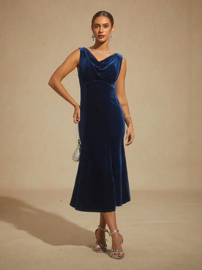 High-Stretch Velvet Sleeveless Midi Dress with Cowl Neck