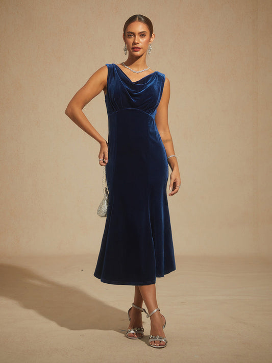 High-Stretch Velvet Sleeveless Midi Dress with Scoop Neck