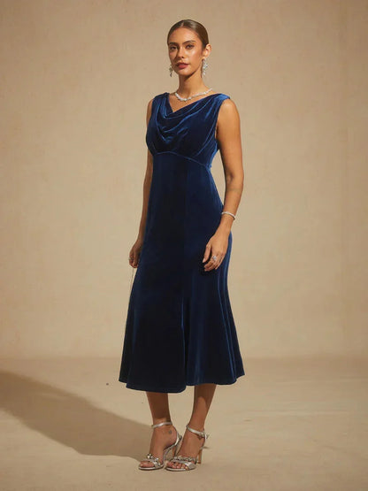 High-Stretch Velvet Sleeveless Midi Dress with Cowl Neck