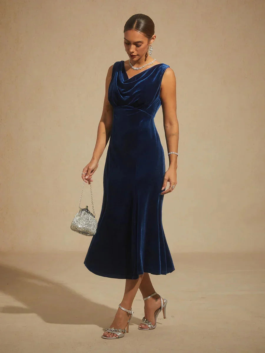 High-Stretch Velvet Sleeveless Midi Dress with Cowl Neck