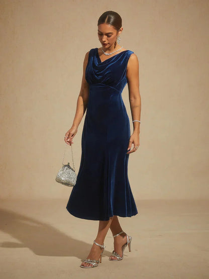 High-Stretch Velvet Sleeveless Midi Dress with Cowl Neck
