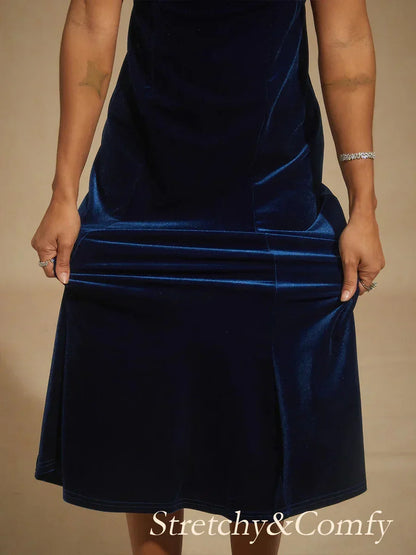 High-Stretch Velvet Sleeveless Midi Dress with Cowl Neck