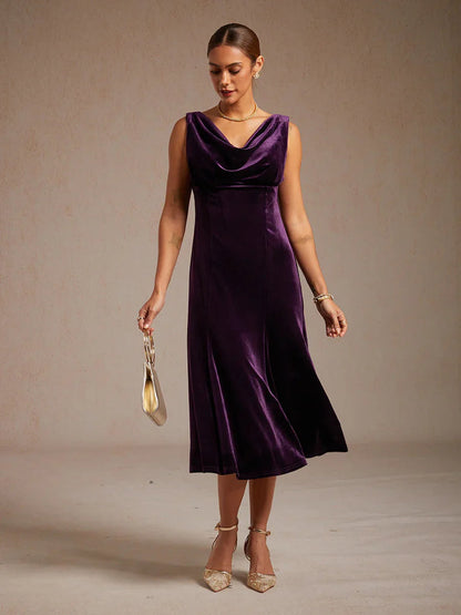 High-Stretch Velvet Sleeveless Midi Dress with Cowl Neck