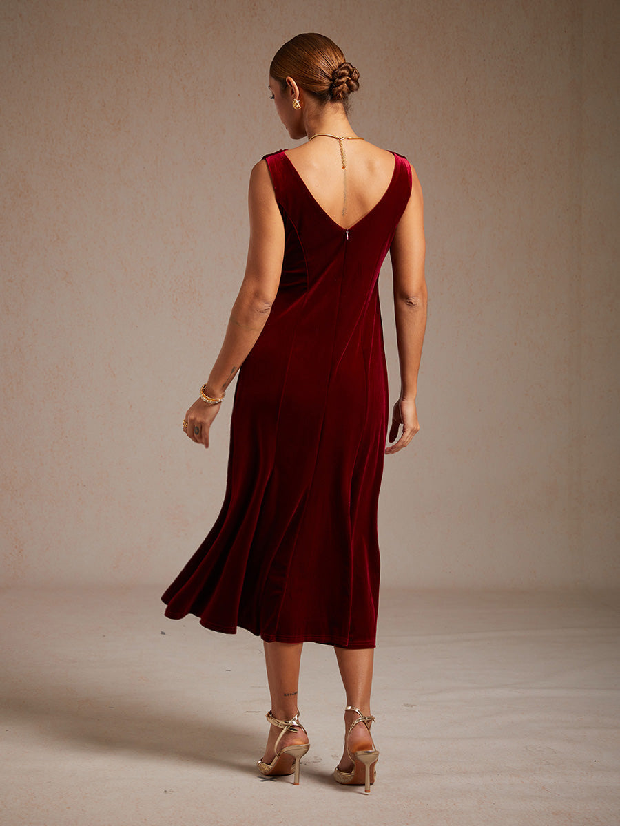 High-Stretch Velvet Sleeveless Midi Dress with Cowl Neck