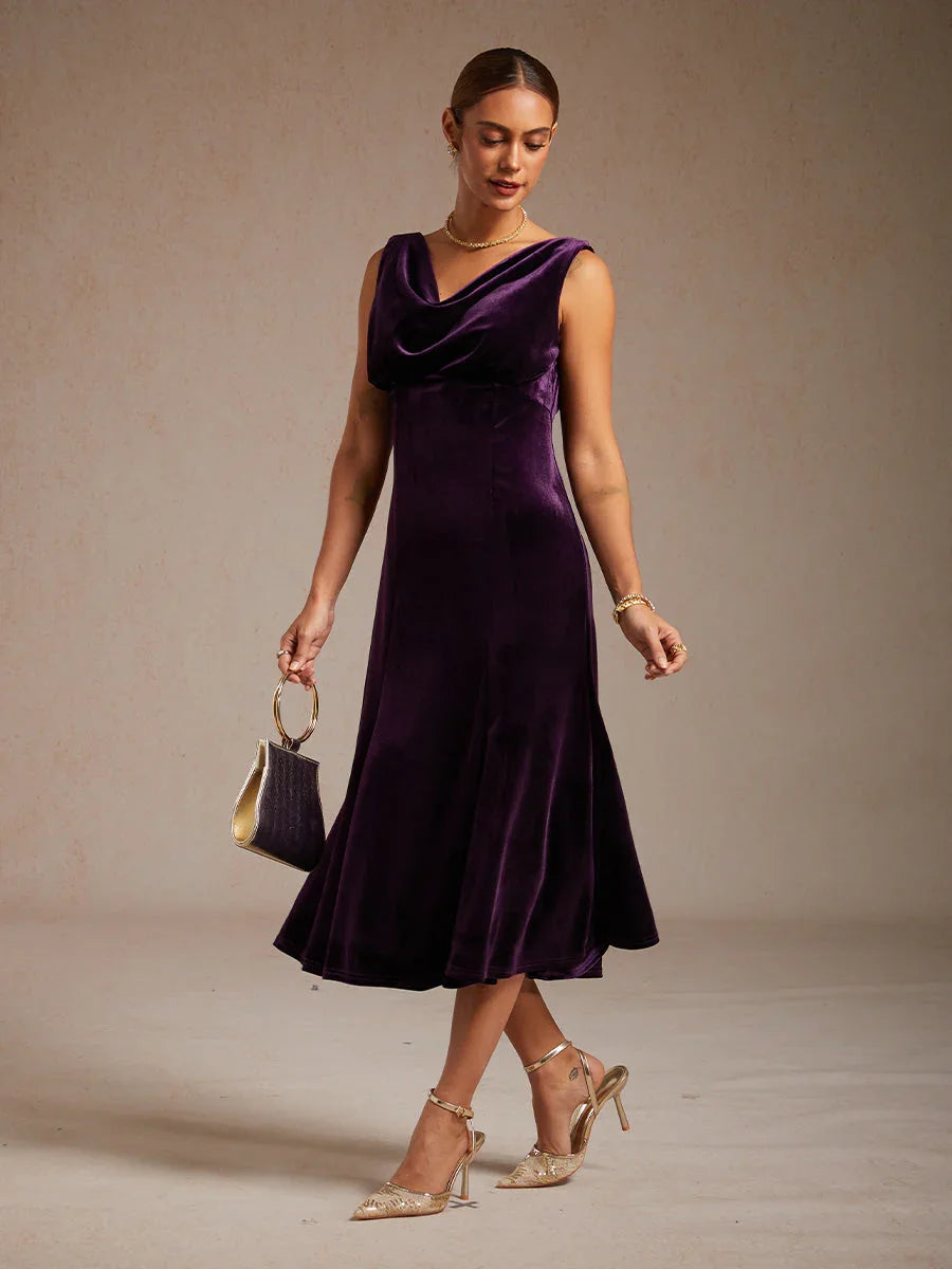 High-Stretch Velvet Sleeveless Midi Dress with Cowl Neck