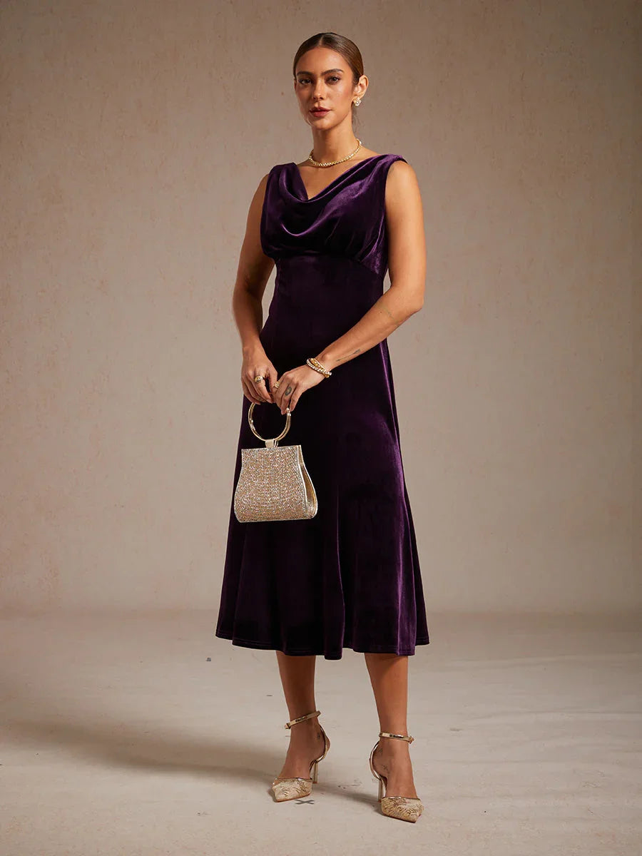 High-Stretch Velvet Sleeveless Midi Dress with Cowl Neck