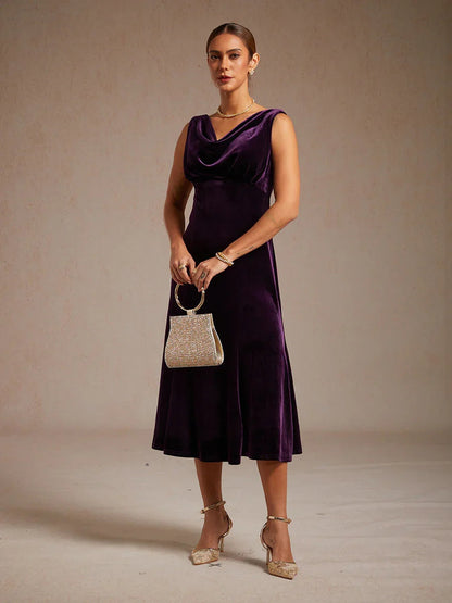 High-Stretch Velvet Sleeveless Midi Dress with Cowl Neck