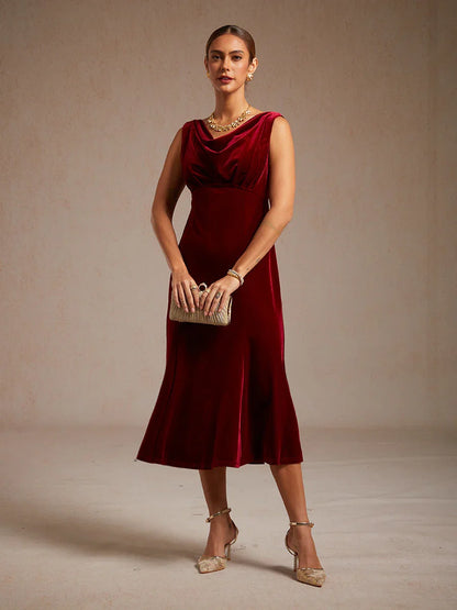 High-Stretch Velvet Sleeveless Midi Dress with Scoop Neck