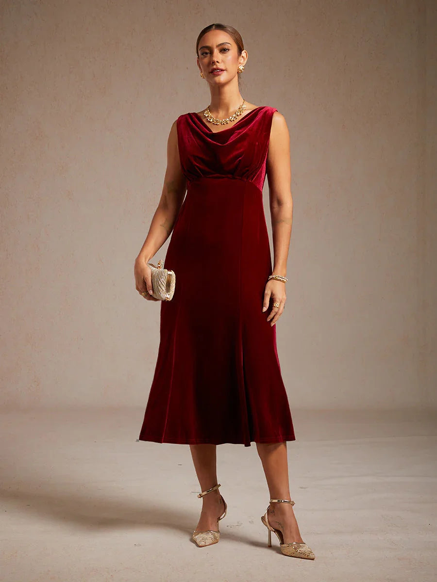High-Stretch Velvet Sleeveless Midi Dress with Cowl Neck