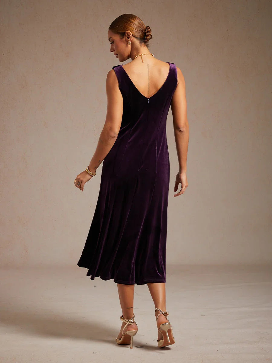High-Stretch Velvet Sleeveless Midi Dress with Scoop Neck
