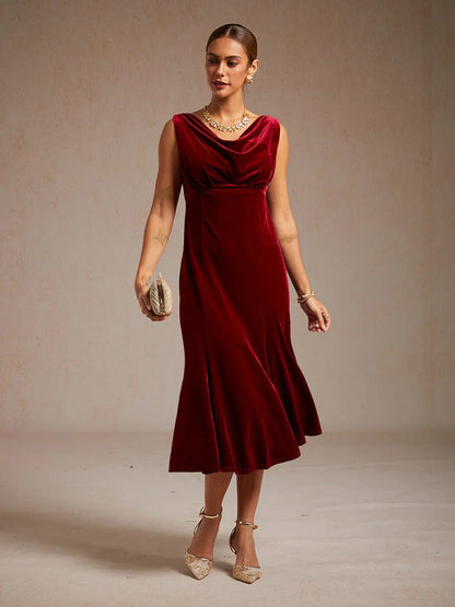 High-Stretch Velvet Sleeveless Midi Dress with Scoop Neck