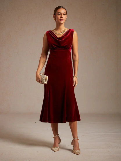 High-Stretch Velvet Sleeveless Midi Dress with Cowl Neck