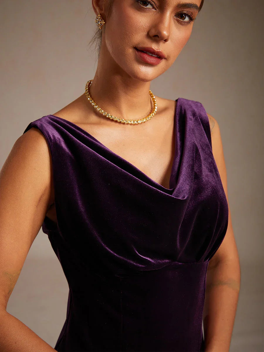 High-Stretch Velvet Sleeveless Midi Dress with Cowl Neck