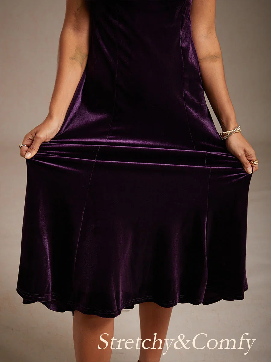 High-Stretch Velvet Sleeveless Midi Dress with Scoop Neck