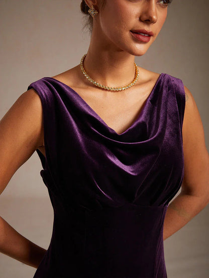 High-Stretch Velvet Sleeveless Midi Dress with Cowl Neck