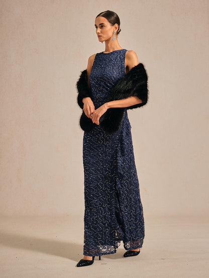 Lace Sequin Maxi Dress with Ruffle Detail