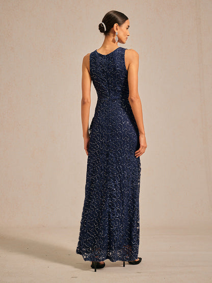 Lace Sequin Maxi Dress with Ruffle Detail