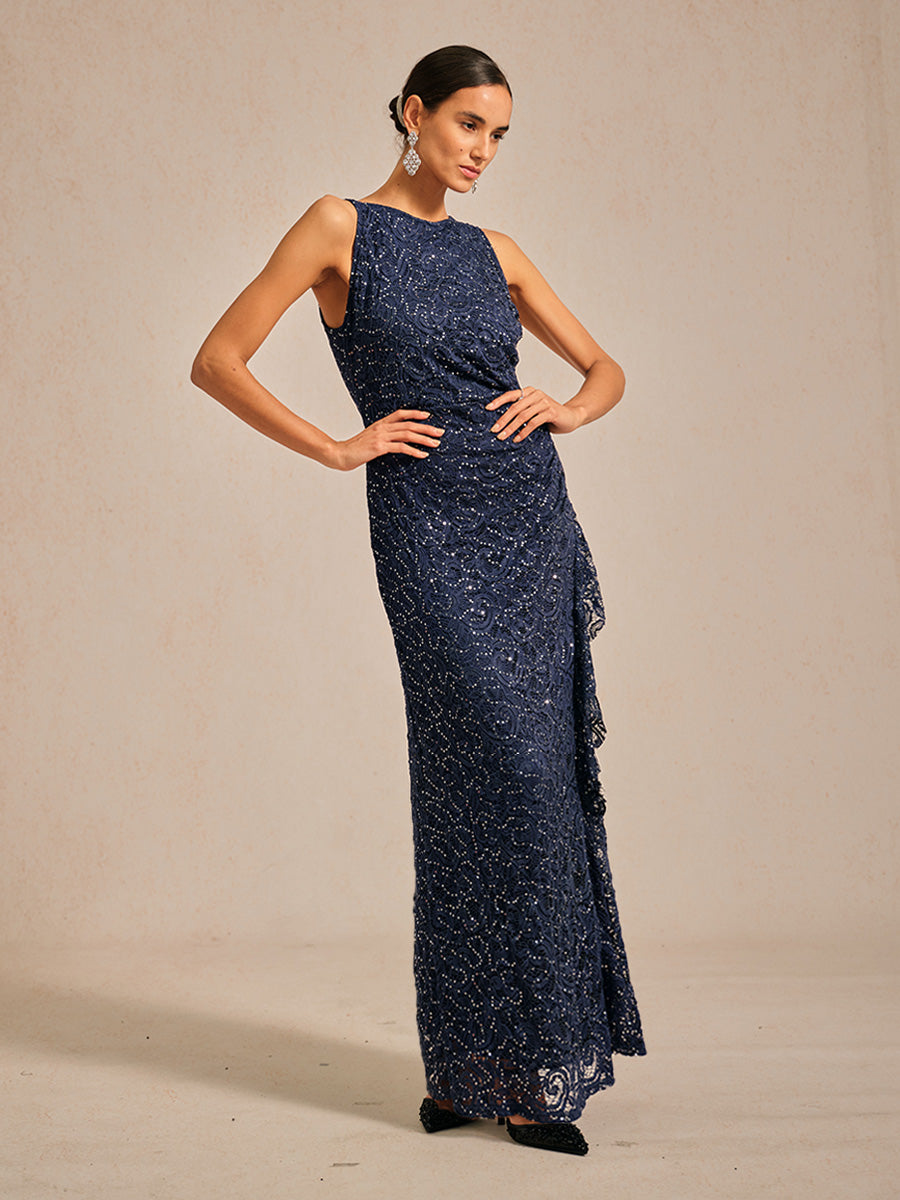 Lace Sequin Maxi Dress with Ruffle Detail
