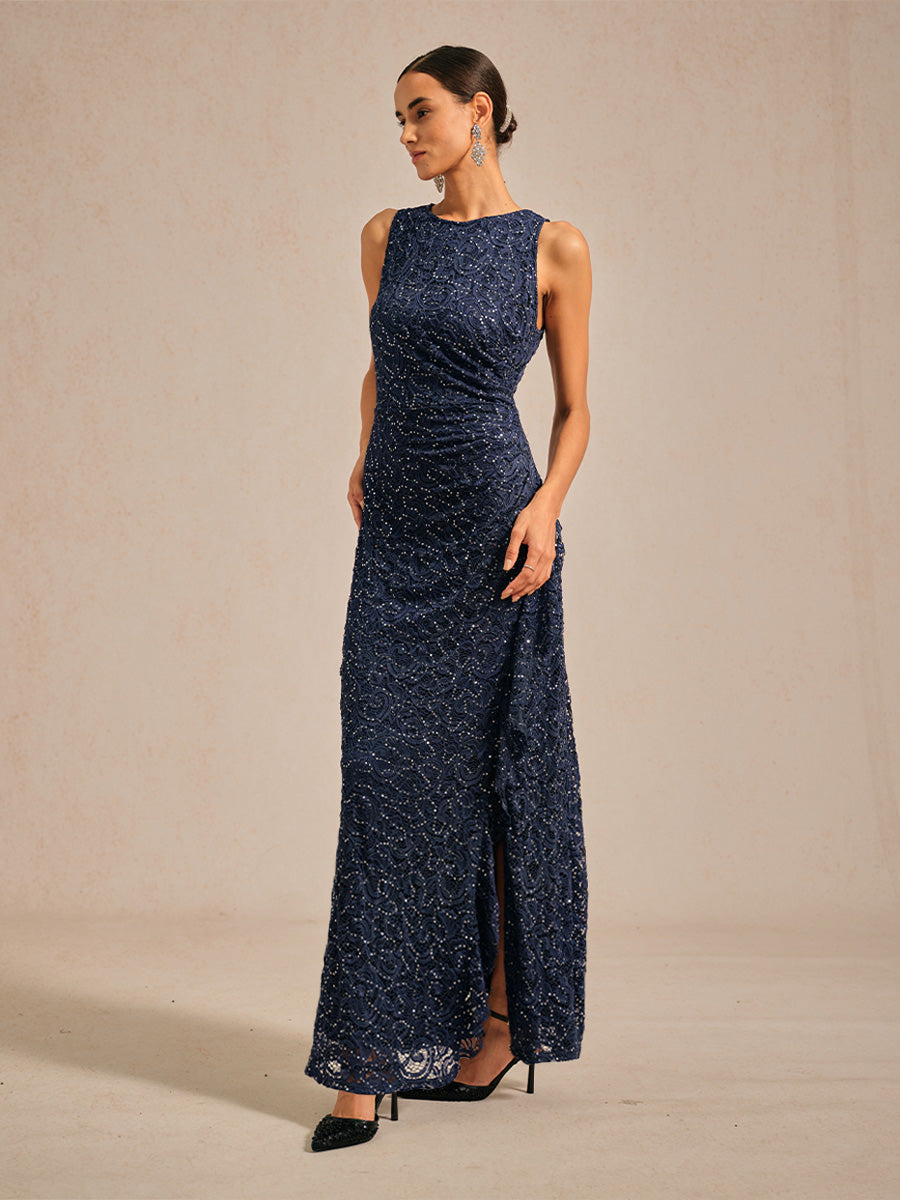 Lace Sequin Maxi Dress with Ruffle Detail