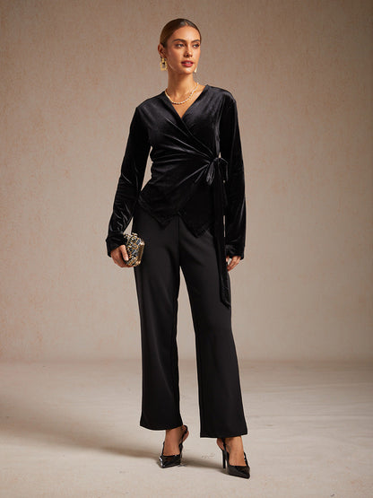 Velvet Wrap Blouse with V-Neckline