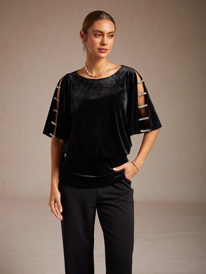 Embellished Cold Shoulder Blouse with Rhinestone Detail