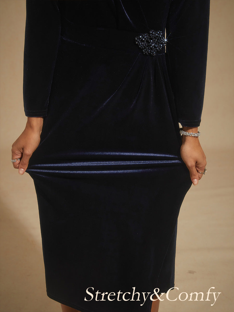 Velvet Sheath Midi Dress with Embellishment Detail