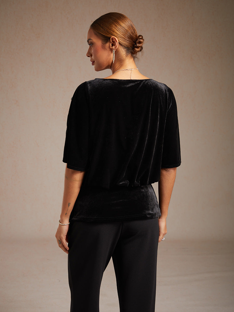 Embellished Cold Shoulder Blouse with Rhinestone Detail