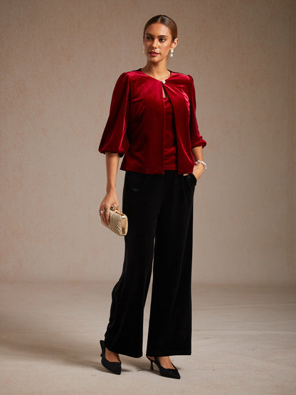 Velvet Puff Sleeves Twinset with Embellished Neckline Closure