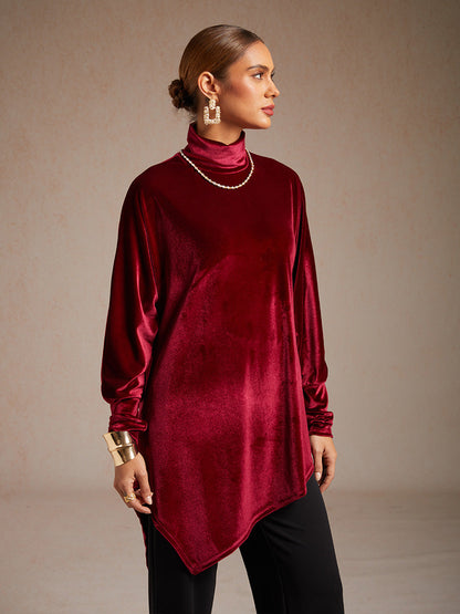 Velvet Tunic Blouse with Turtleneck and Asymmetric Hem
