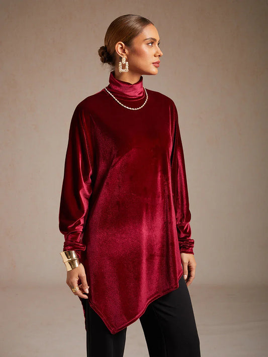 Velvet Tunic Blouse with Turtleneck and Asymmetric Hem