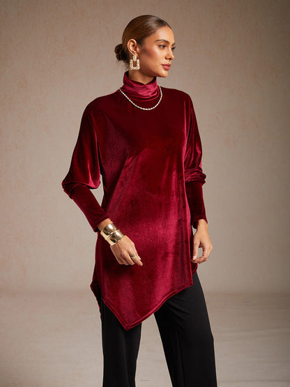 Velvet Tunic Blouse with Turtleneck and Asymmetric Hem