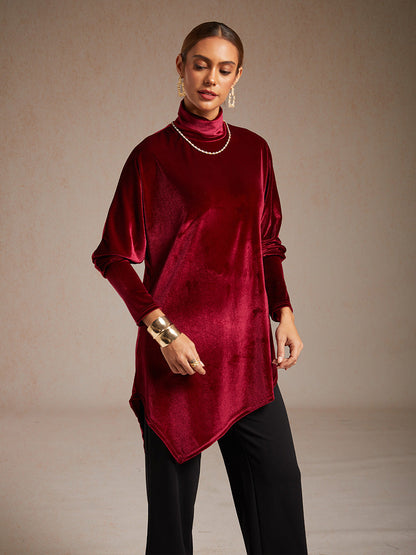 Velvet Tunic Blouse with Turtleneck and Asymmetric Hem