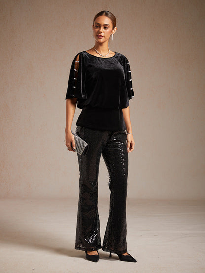 Sequin Flare Pants for Women with Elastic Waist