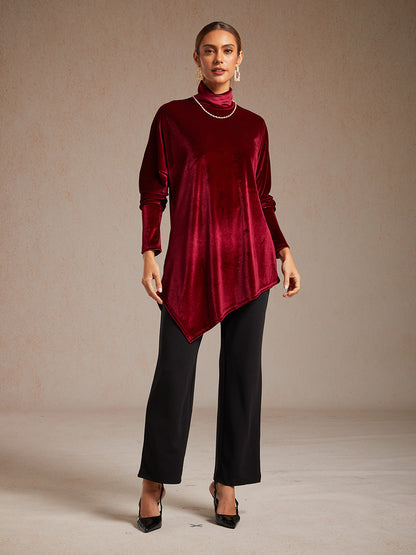Velvet Tunic Blouse with Turtleneck and Asymmetric Hem