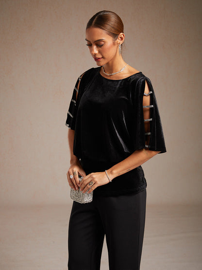 Embellished Cold Shoulder Blouse with Rhinestone Detail