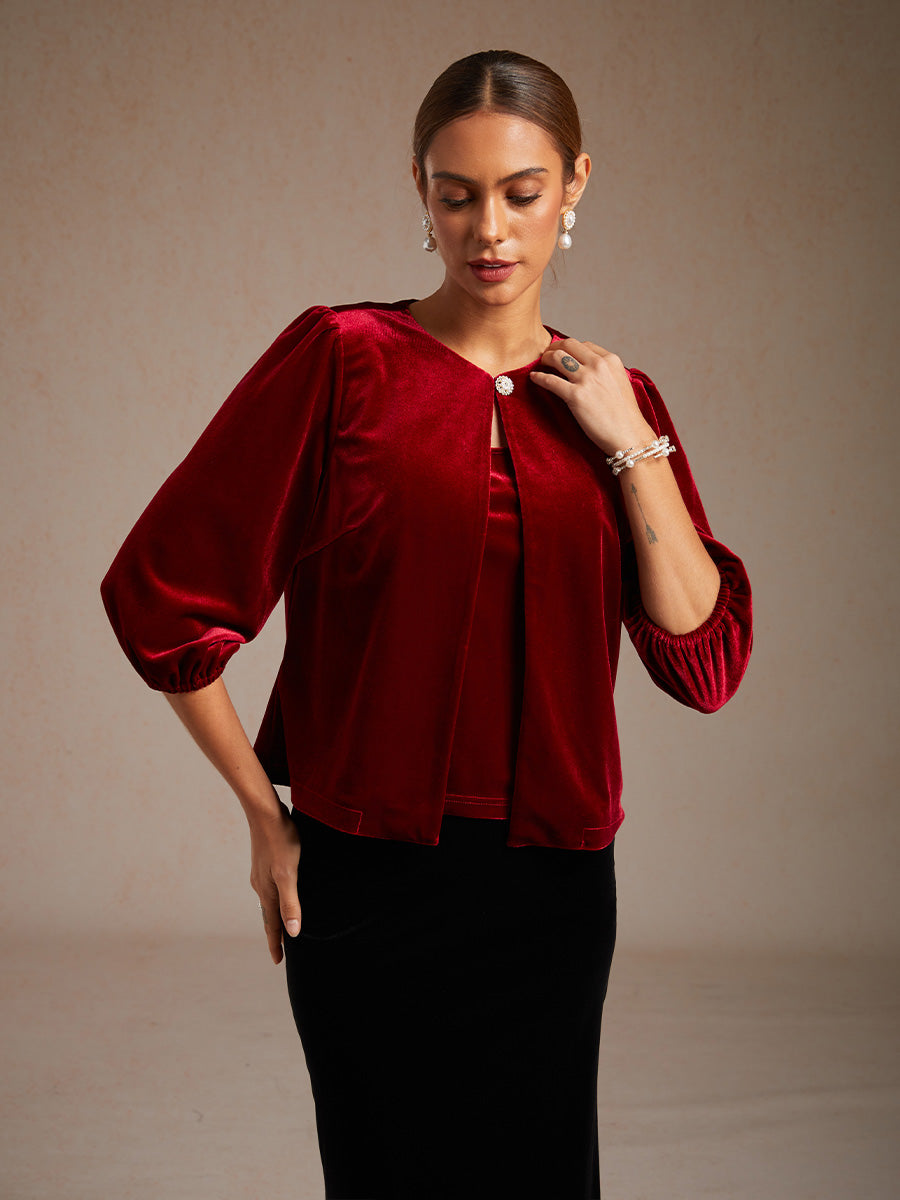 Velvet Puff Sleeves Twinset with Embellished Neckline Closure